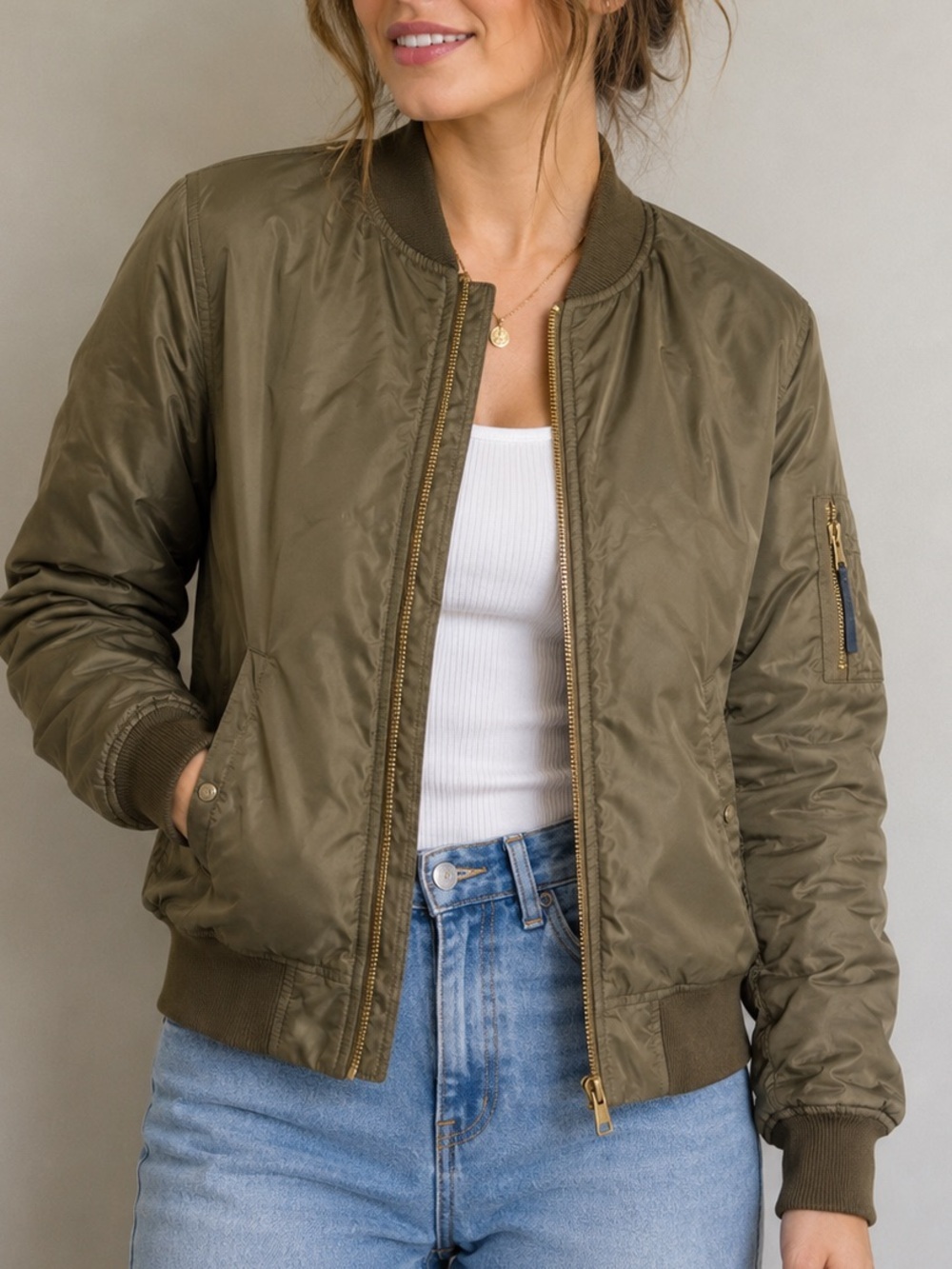 Forever 21 Olive Green/Brown MA-1 Bomber Jacket Orange Lining Women’s Medium